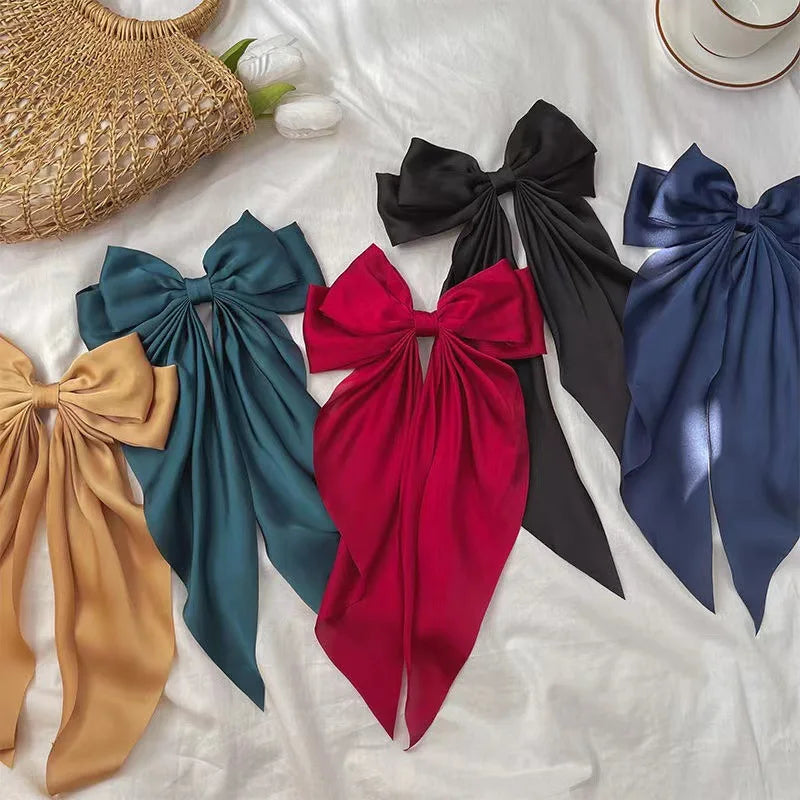 Elegant Bow Ribbon Hair Clip Fashion Simple Solid Satin Spring Clip