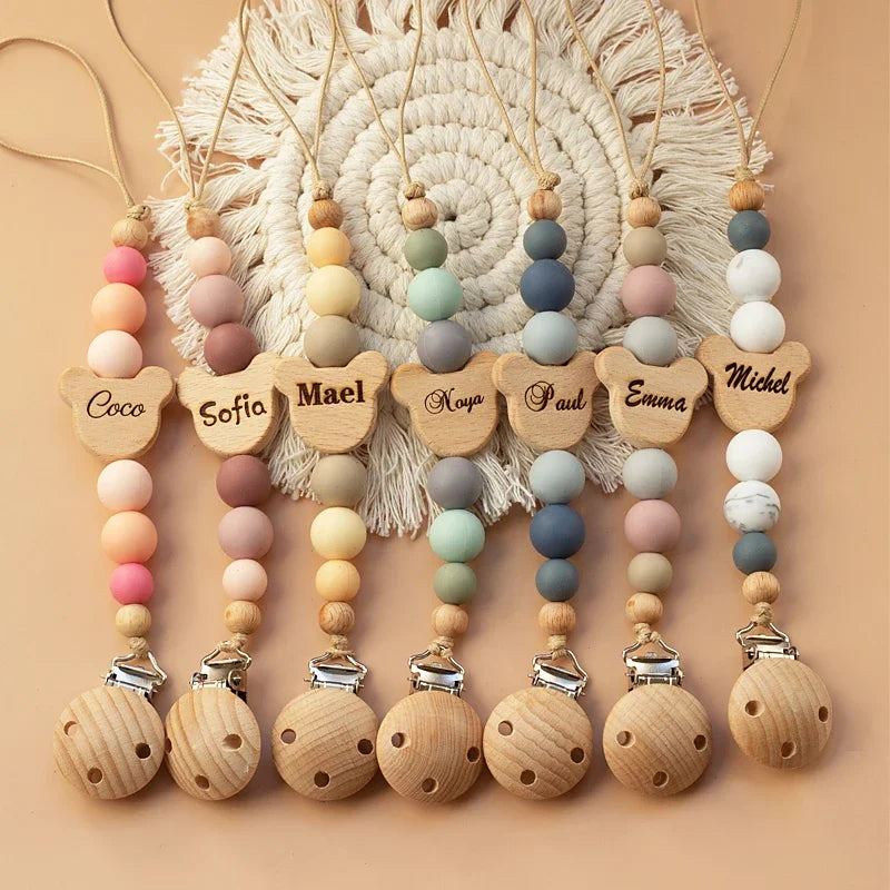 Custom Name Wooden Personalized Baby Pacifier Chain Silicone Bead