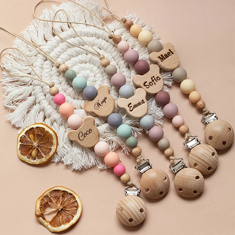 Custom Name Wooden Personalized Baby Pacifier Chain Silicone Bead
