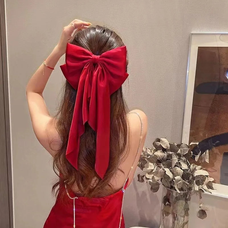 Elegant Bow Ribbon Hair Clip Fashion Simple Solid Satin Spring Clip